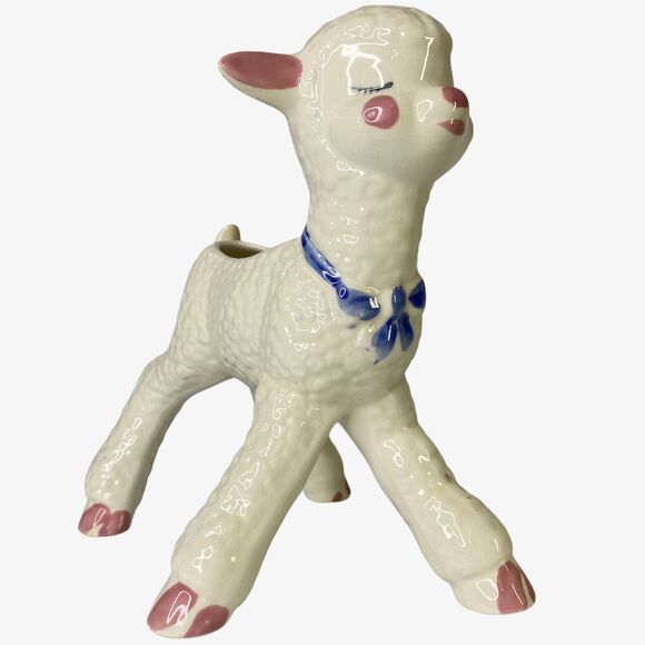 Vintage 8" Ceramic Lamb Planter Long Legs USA Nursery Decor Kitschy Rosy Cheeks - Picture 1 of 12